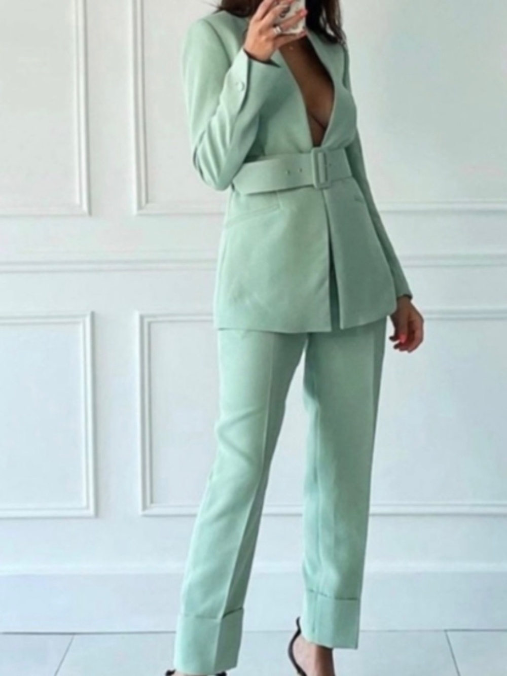 Zara Lapelless Mint Green Belted Blazer Blogger’s Favorite Size S MSRP $128 - Picture 7 of 11
